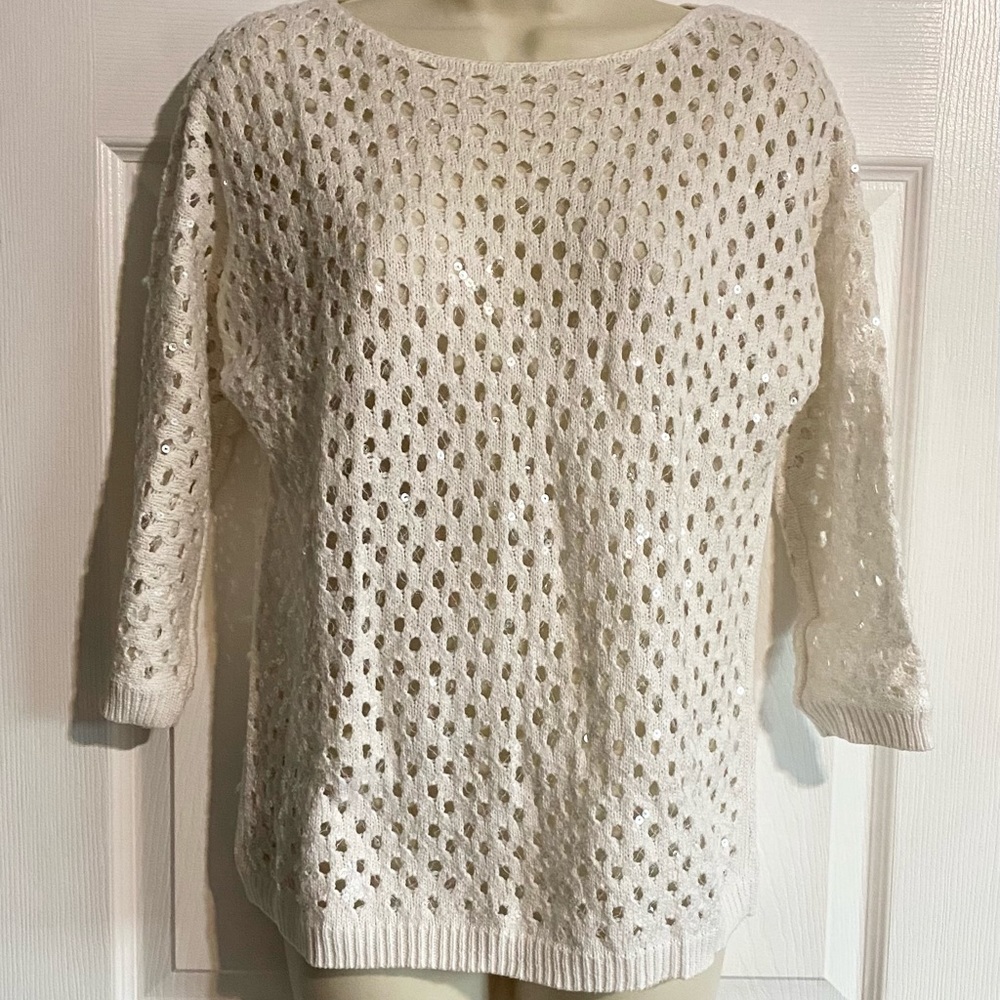 Chico's Sequin White Sweater 3/4 Sleeve Size 1